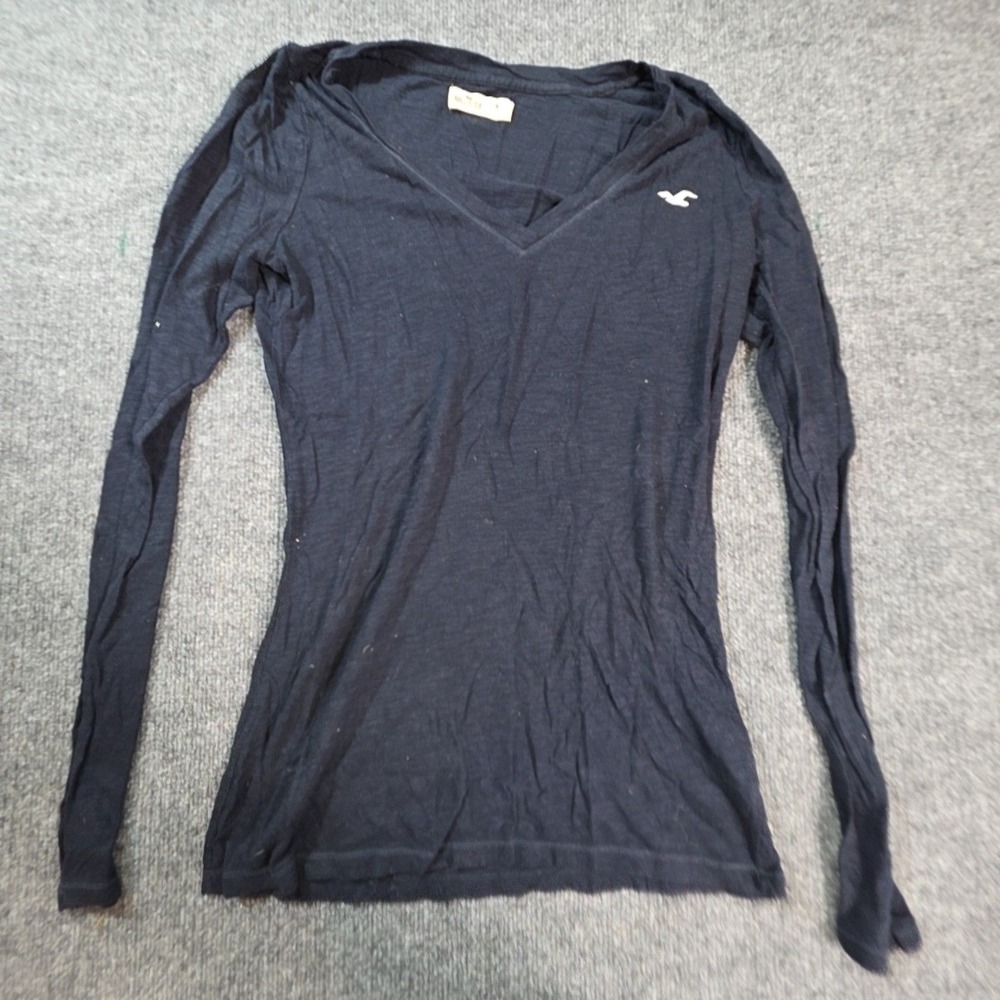 Hollister Shirt Womens Medium Blue V Neck Long Sleeve Slim Fit Logo Tee